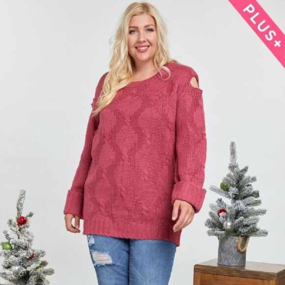 DAVI & DANI Plus Size Pink Knit Sweater with Cold Shoulder Cutouts - Picture 5 of 5